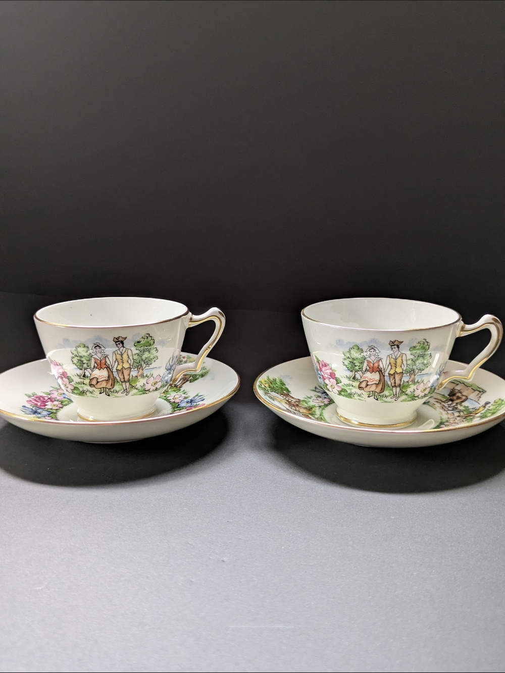 Crown Staffordshire Evangeline's Arcadian Gardens Vintage Cups & Saucers 1930's